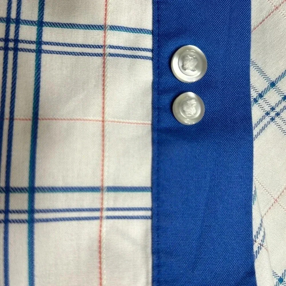 PAUL FREDRICK,  shirt, men 16.5”. White, blue,plaid,2 ply cotton shirt, button - Picture 9 of 17